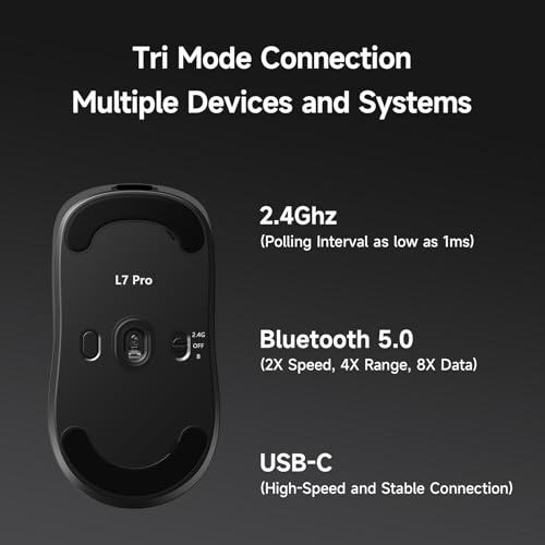 MCHOSE L7 Leichte 39 g Gaming-Maus mit Benutzerdefiniertem 8K-Ultraschnell-Funkempfänger, 26000 DPI, 8K Hz-Berichtsrate, BT/2,4G-Gaming-Maus mit Kabel/Kabel, 200 Stunden Batterie, Schwarz Bild 6