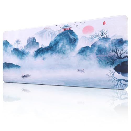 JIZZU Gaming Mauspad, 800 x 300 mm XXL Mauspad Schreibtischunterlage, Tuschemalerei Mousepad Groß, Wasserdicht, Mit Rutschfestem Gummiboden, für Büro, Spiele, PC, Laptop (Blau) Bild 1