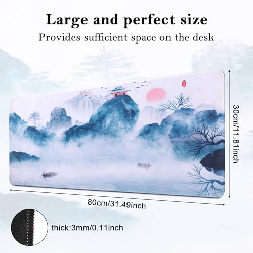 JIZZU Gaming Mauspad, 800 x 300 mm XXL Mauspad Schreibtischunterlage, Tuschemalerei Mousepad Groß, Wasserdicht, Mit Rutschfestem Gummiboden, für Büro, Spiele, PC, Laptop (Blau) Bild 2