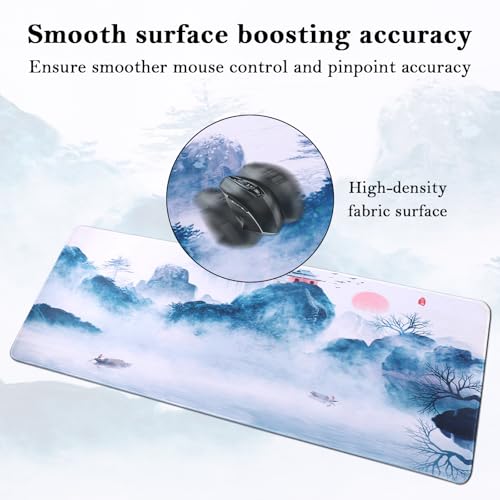JIZZU Gaming Mauspad, 800 x 300 mm XXL Mauspad Schreibtischunterlage, Tuschemalerei Mousepad Groß, Wasserdicht, Mit Rutschfestem Gummiboden, für Büro, Spiele, PC, Laptop (Blau) Bild 3