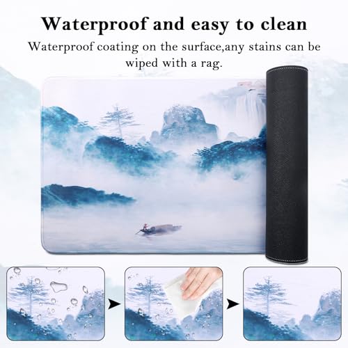 JIZZU Gaming Mauspad, 800 x 300 mm XXL Mauspad Schreibtischunterlage, Tuschemalerei Mousepad Groß, Wasserdicht, Mit Rutschfestem Gummiboden, für Büro, Spiele, PC, Laptop (Blau) Bild 6