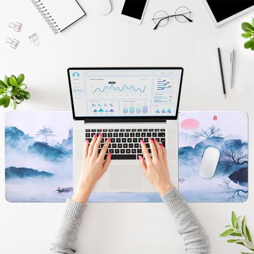 JIZZU Gaming Mauspad, 800 x 300 mm XXL Mauspad Schreibtischunterlage, Tuschemalerei Mousepad Groß, Wasserdicht, Mit Rutschfestem Gummiboden, für Büro, Spiele, PC, Laptop (Blau) Bild 7