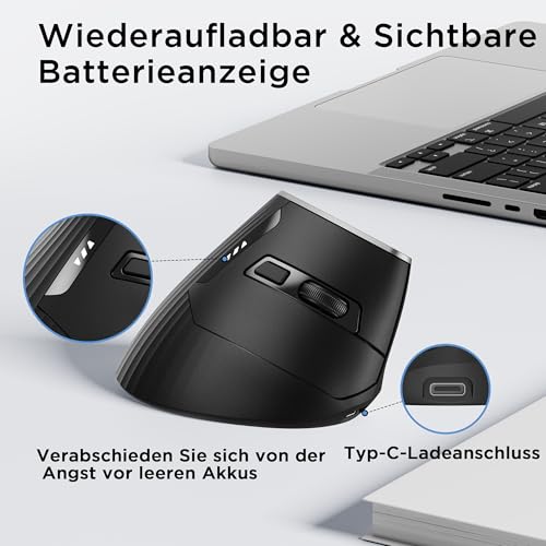 Vertikale maus kabellos, 2,4G ergonomische maus mit Akkuanzeige, 4 Stufen DPI, computermaus für Bequemlichkeit und Verringerung der Handgelenkspannung, Ideal für den Gebrauch zu Hause,Büro(Schwarz) Bild 3