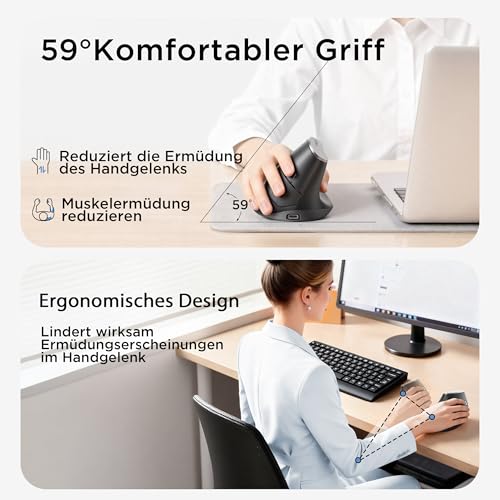 Vertikale maus kabellos, 2,4G ergonomische maus mit Akkuanzeige, 4 Stufen DPI, computermaus für Bequemlichkeit und Verringerung der Handgelenkspannung, Ideal für den Gebrauch zu Hause,Büro(Schwarz) Bild 4