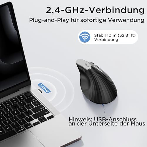 Vertikale maus kabellos, 2,4G ergonomische maus mit Akkuanzeige, 4 Stufen DPI, computermaus für Bequemlichkeit und Verringerung der Handgelenkspannung, Ideal für den Gebrauch zu Hause,Büro(Schwarz) Bild 6