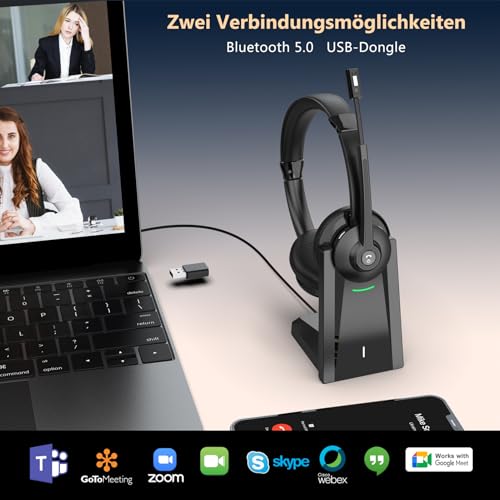 Earbay Bluetooth Headset mit Mikrofon, Kabelloses Headset mit Ladestation & USB Dongle, Kabellose mit Mikrofon Rauschunterdrückung & Stummschaltung für Computer/Meeting/Zoom/Büro/HomeOffice Bild 5