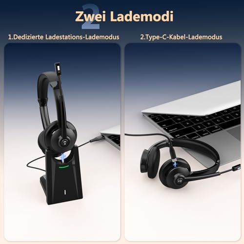 Earbay Bluetooth Headset mit Mikrofon, Kabelloses Headset mit Ladestation & USB Dongle, Kabellose mit Mikrofon Rauschunterdrückung & Stummschaltung für Computer/Meeting/Zoom/Büro/HomeOffice Bild 6