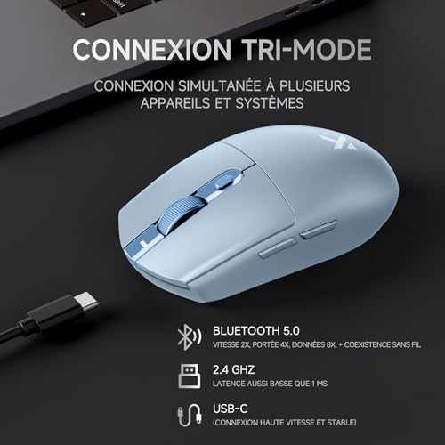 MCHOSE G3 Kabellose Gaming-Maus, 26 000 DPI, 8K-Abrufrate, 650 IPS, Leichtgewicht 64 g, 8 Programmierbare Tasten, Esports Gaming-Mäuse BT 5.0/2,4 G/USB-C, 170 h Akku, Windows/Mac - Blau Bild 6