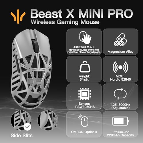 WLMOUSE Beast X Mini Pro Ultra-Light 34g Magnesium Gaming Maus, PAW3950 HS Sensor, 8K Polling Rate, 30.000 DPI, OM & TTC Switches, anpassbare Seitenteile (Silber (OM Switch-Side Slits)) Bild 2