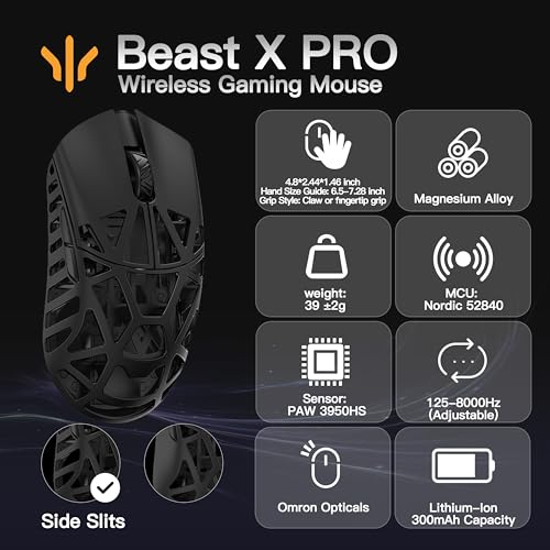 WLMOUSE Beast X Pro Ultra-Light 39 g Magnesium Gaming-Maus, PAW3950 HS-Sensor, 8K Abfragerate, 30.000 DPI, OM- und TTC-Schalter, anpassbare Seitenwände (OM-Switch-Seitenschlitze) Bild 2