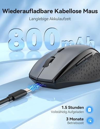 TECKNET PRO Kabellose Maus Wiederaufladbar, Silent Funkmaus 6400 DPI, 2,4 GHz Computermaus, Ergonomische Griffe, 6 Tasten, Tragbar Maus für PC, Laptop,Chromebook, Mac-Grau Bild 2