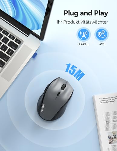 TECKNET PRO Kabellose Maus Wiederaufladbar, Silent Funkmaus 6400 DPI, 2,4 GHz Computermaus, Ergonomische Griffe, 6 Tasten, Tragbar Maus für PC, Laptop,Chromebook, Mac-Grau Bild 6