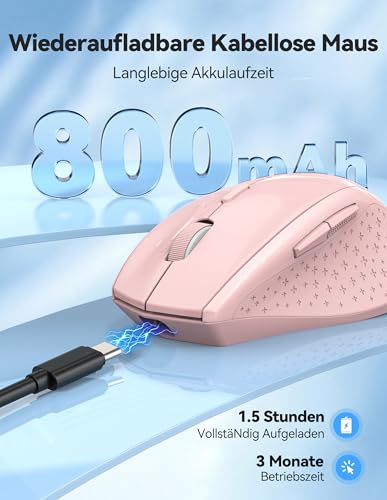 TECKNET PRO Kabellose Maus Wiederaufladbar, Silent Funkmaus 6400 DPI, 2,4 GHz Computermaus, Ergonomische Griffe, 6 Tasten, Tragbar Maus für PC, Laptop,Chromebook, Mac-Rosa Bild 2