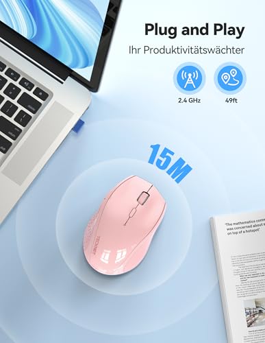 TECKNET PRO Kabellose Maus Wiederaufladbar, Silent Funkmaus 6400 DPI, 2,4 GHz Computermaus, Ergonomische Griffe, 6 Tasten, Tragbar Maus für PC, Laptop,Chromebook, Mac-Rosa Bild 6