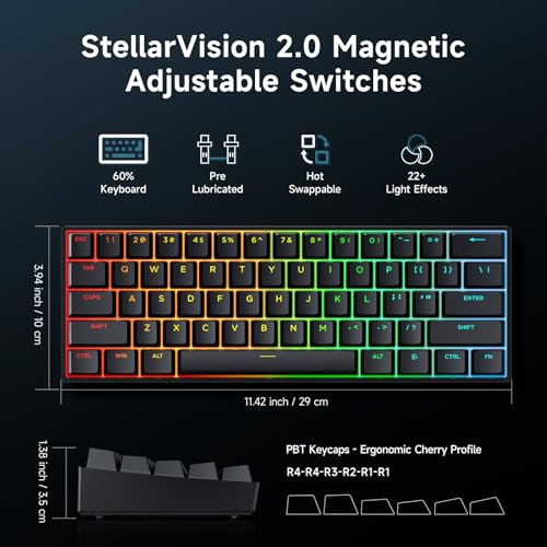 MCHOSE Ace 60 Pro HE Magnetische Tastatur, 60% Hall-Effekt Gaming-Tastatur kabelgebunden, 8000 Hz Rapid Trigger Trigger-Tastatur, Einstellbare Betätigung, Snap Tap, Hot-Swap, SOCD, Schwarz Bild 6