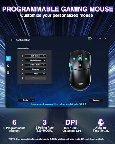 AULA SC580 Gaming Maus Kabellos,2.4GHz/USB-C/BT Wireless Gaming Mouse,12000DPI,6 Programmierbare Tasten,Kabellose Maus für PC/MAC Gamer (Schwarz) Bild 5