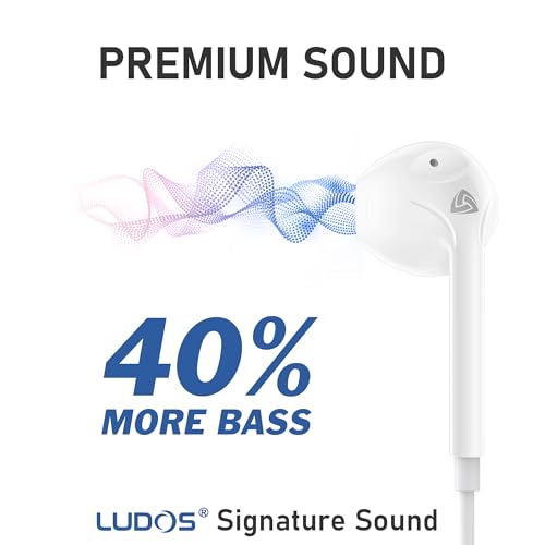LUDOS Zenith Kopfhörer In Ear Kopfhörer mit Kabel und Mikrofon, 5-Jahre Garantie, In Ear Ohrhörer, 3,5 mm Klinkenstecker Earbuds, Satte Bässe Earphones, Headphones für iPhone, iPad, Samsung - Weiß Bild 3
