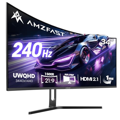 Amzfast 34 Zoll Curved Gaming Monitor, 3440x1440 UWQHD, 240Hz, 21:9 VA Panel, 1500R, 1ms MPRT, Adaptive Sync, HDR, DCI-P3 98%, sRGB 130%, Pip/PBP, HDMI2.1 & DP1.4, VESA 75x75mm, AMZG34C5Q Pro Bild 1