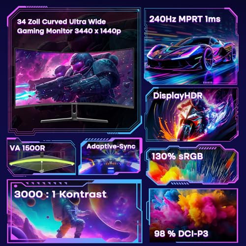 Amzfast 34 Zoll Curved Gaming Monitor, 3440x1440 UWQHD, 240Hz, 21:9 VA Panel, 1500R, 1ms MPRT, Adaptive Sync, HDR, DCI-P3 98%, sRGB 130%, Pip/PBP, HDMI2.1 & DP1.4, VESA 75x75mm, AMZG34C5Q Pro Bild 2