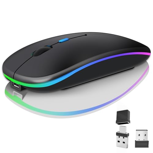 Kabellose Bluetooth-Maus für Laptop, wiederaufladbare Computer-Maus 2.4GHz Optisch (Bluetooth5.2+USB A+USB C)Duale Empfänger Mäuse-1600DPI LED Leiser Klick für Mac Laptop Tablet PC Computer,Schwarz Bild 1