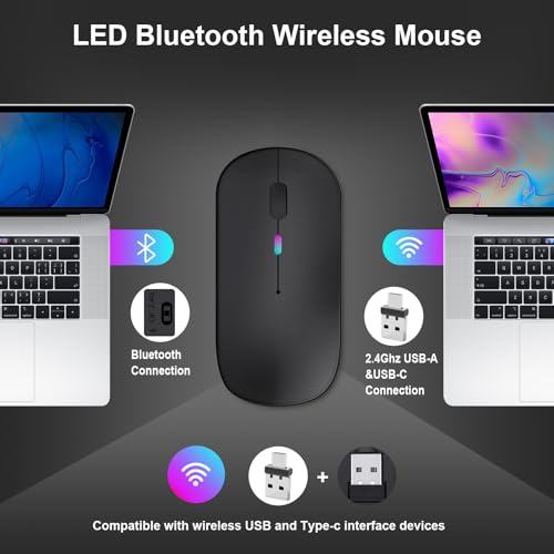 Kabellose Bluetooth-Maus für Laptop, wiederaufladbare Computer-Maus 2.4GHz Optisch (Bluetooth5.2+USB A+USB C)Duale Empfänger Mäuse-1600DPI LED Leiser Klick für Mac Laptop Tablet PC Computer,Schwarz Bild 2