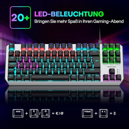 OMOTON Mechanische Gaming Tastatur mit Roten Schaltern(Linear), 80% TKL, QWERTZ Keyboard, Schnelle Reaktion, Anti-Ghosting, 20 LED Beleuchtung, Tastatur für PC/Windows/PS4, ISO-DE Bild 4