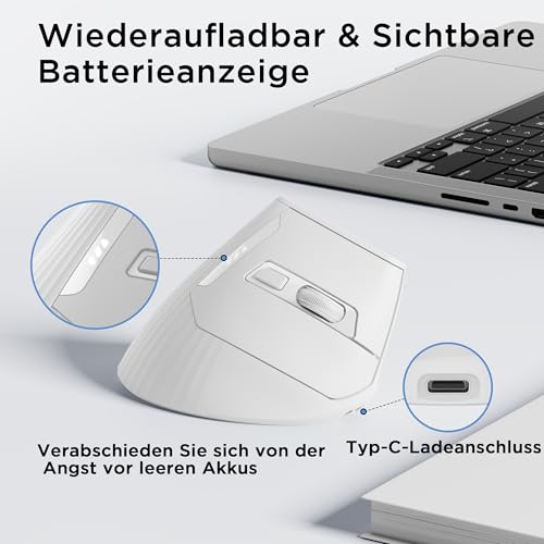 Uineer Kabellose vertikale Maus, Multi-Device Tri-Mode Maus, sichtbare Leistungsstufe (2.4G+BT4.0/BT5.0) Wiederaufladbare Wireless Mouse, 4 einstellbare DPIs, 6 Tasten, für Laptop, Desktop, PC (Weiß) Bild 2