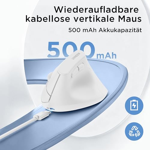Uineer Kabellose vertikale Maus, Multi-Device Tri-Mode Maus, sichtbare Leistungsstufe (2.4G+BT4.0/BT5.0) Wiederaufladbare Wireless Mouse, 4 einstellbare DPIs, 6 Tasten, für Laptop, Desktop, PC (Weiß) Bild 3