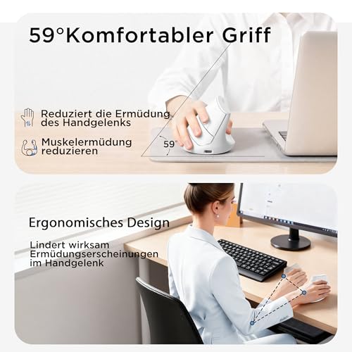 Uineer Kabellose vertikale Maus, Multi-Device Tri-Mode Maus, sichtbare Leistungsstufe (2.4G+BT4.0/BT5.0) Wiederaufladbare Wireless Mouse, 4 einstellbare DPIs, 6 Tasten, für Laptop, Desktop, PC (Weiß) Bild 4