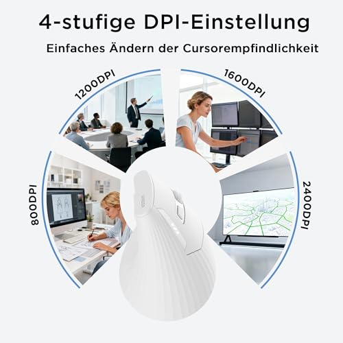 Uineer Kabellose vertikale Maus, Multi-Device Tri-Mode Maus, sichtbare Leistungsstufe (2.4G+BT4.0/BT5.0) Wiederaufladbare Wireless Mouse, 4 einstellbare DPIs, 6 Tasten, für Laptop, Desktop, PC (Weiß) Bild 5