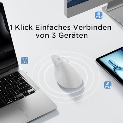 Uineer Kabellose vertikale Maus, Multi-Device Tri-Mode Maus, sichtbare Leistungsstufe (2.4G+BT4.0/BT5.0) Wiederaufladbare Wireless Mouse, 4 einstellbare DPIs, 6 Tasten, für Laptop, Desktop, PC (Weiß) Bild 6