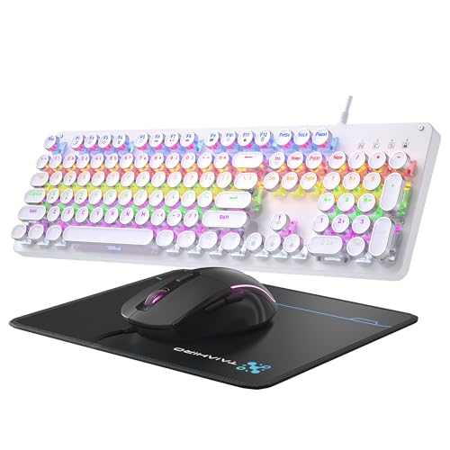 Typewriter Mechanische Gaming-Tastatur und Maus, 104 Tasten, Retro-Tastaturen in voller Größe, Metall-Panel, Punk, runde Tastenkappe, Clicky Blue Switch mit RGB-Hintergrundbeleuchtung, Maus und Bild 1