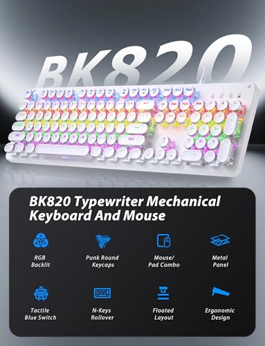 Typewriter Mechanische Gaming-Tastatur und Maus, 104 Tasten, Retro-Tastaturen in voller Größe, Metall-Panel, Punk, runde Tastenkappe, Clicky Blue Switch mit RGB-Hintergrundbeleuchtung, Maus und Bild 2
