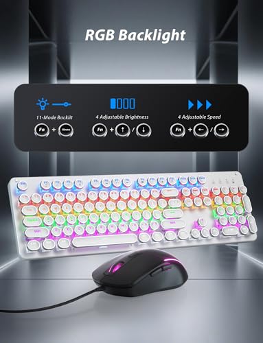 Typewriter Mechanische Gaming-Tastatur und Maus, 104 Tasten, Retro-Tastaturen in voller Größe, Metall-Panel, Punk, runde Tastenkappe, Clicky Blue Switch mit RGB-Hintergrundbeleuchtung, Maus und Bild 5