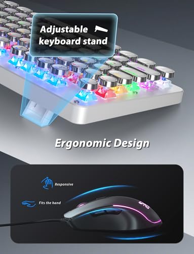 Typewriter Mechanische Gaming-Tastatur und Maus, 104 Tasten, Retro-Tastaturen in voller Größe, Metall-Panel, Punk, runde Tastenkappe, Clicky Blue Switch mit RGB-Hintergrundbeleuchtung, Maus und Bild 6