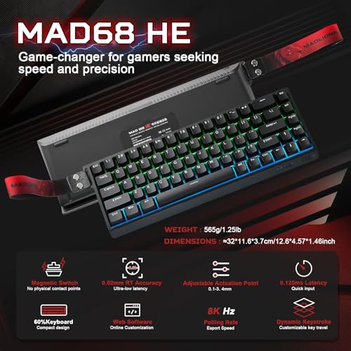 YUNZII MAD68 HE Rapid Trigger Tastatur, 60% Kabelgebunden Gaming-Tastatur mit Magnet-Switches,0,02 mm Präzision,8000 Hz,Einstellbare Betätigung, Hot-Swap, RGB, Snap Tap, PBT für PC & Mac (Black) Bild 2