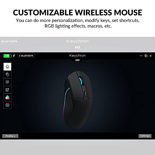 Keychron M3 Kabellose Maus, PAW3395-Sensor mit programmierbarer Makrotaste 26.000 DPI, unterstützt 2,4 GHz Bluetooth 5.1, 79 g, ultraleichtes ergonomisches Design für PC Mac Laptop – Schwarz Bild 6