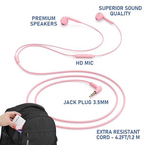 LUDOS Zenith Kopfhörer In Ear Kopfhörer mit Kabel und Mikrofon, 2-Jahre Garantie, In Ear Ohrhörer, 3,5 mm Klinkenstecker Earbuds, Satte Bässe Earphones, Headphones für iPhone, iPad, Samsung - Rosa Bild 2