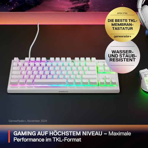 SteelSeries Apex 3 TKL White RGB Gaming-Tastatur – Kompakter Tenkeyless-Formfaktor – 8-Zonen-RGB-Beleuchtung – Wasser- und Staubresistenz – Flüsterleise Gaming-Switches - DE Layout QWERTZ Bild 2