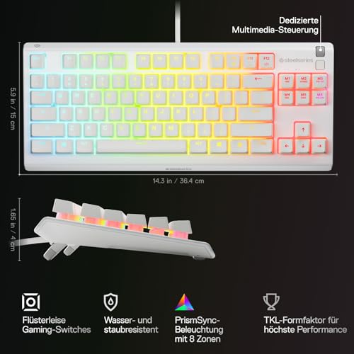 SteelSeries Apex 3 TKL White RGB Gaming-Tastatur – Kompakter Tenkeyless-Formfaktor – 8-Zonen-RGB-Beleuchtung – Wasser- und Staubresistenz – Flüsterleise Gaming-Switches - DE Layout QWERTZ Bild 3