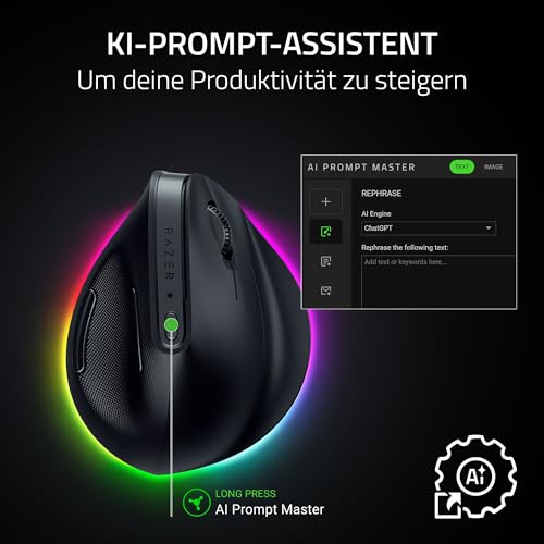Razer Pro Click V2 Vertical - Vertikale ergonomische kabellose Maus für Rechtshänder - KI Prompt Assistenz - 30K Optical Sensor - Windows & Mac (bis zu 6 Monate Akku-Leistung, 9 Tasten) Schwarz Bild 4