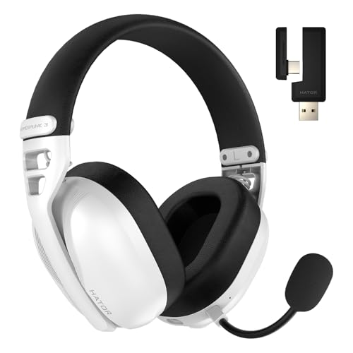 HATOR Hyperpunk 3 Wireless Gaming-Headset – Kabellos, Hi-Res Audio, Hybrid ANC, 40mm Treiber, Bluetooth & 2.4GHz, 45h Akku, abnehmbares Mikrofon, USB-C – für PC, PS5, Weiß Bild 1