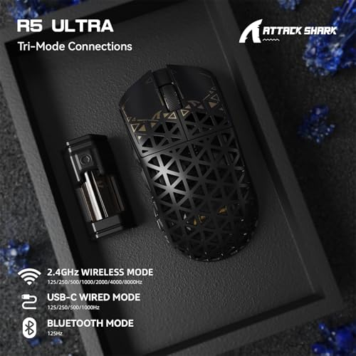 ATTACK SHARK R5 Ultra Carbonfaser HyperSpeed Kabellose Gaming-Maus, 39g ultraleichte Maus, 2,4G/BT/USB-C Kabelgebunden, PAW3950MAX Sensor, 8000Hz Kabellose Abtastrate, 42000DPI,Wins/Mac–Schwarz Bild 3