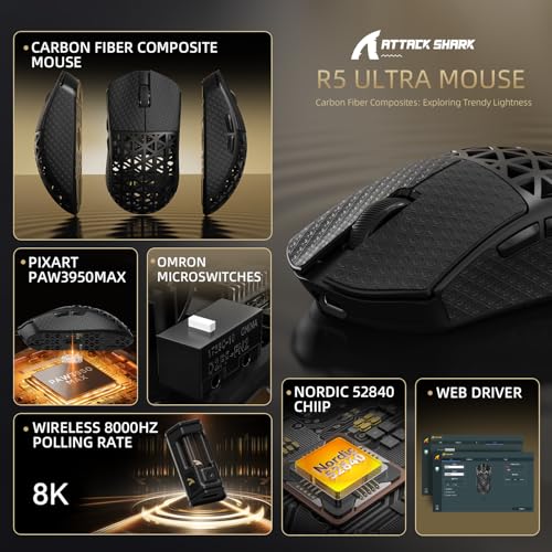 ATTACK SHARK R5 Ultra Carbonfaser Gaming-Maus, 39g Superlight, 8000Hz Kabellose Mouse, 42000 DPI, PAW3950MAX-Sensor, Nordic 52840 MCU, Bluetooth/2.4G/Kabelgebundene, mit Spiralkabel, PC/Mac, Schwarz Bild 2