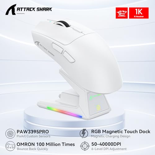 ATTACK SHARK X1 Gaming Mouse with Touchpad RGB Charging Dock, PixArt PAW3395PRO Gaming Sensor, BT/2.4G Wireless/Wired Gaming Mouse, 40000 DPI, 53g Superlight Gamer Mice for Win11/Xbox/PS/Mac (White) Bild 2