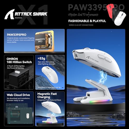 ATTACK SHARK X1 Gaming Mouse with Touchpad RGB Charging Dock, PixArt PAW3395PRO Gaming Sensor, BT/2.4G Wireless/Wired Gaming Mouse, 40000 DPI, 53g Superlight Gamer Mice for Win11/Xbox/PS/Mac (White) Bild 3
