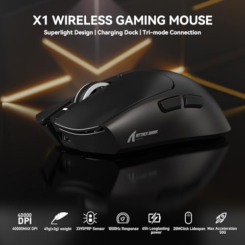 MAMBASNAKE x Attack Shark X1 Gaming-Maus mit Ladestation, 49g Ultralight, 40K DPI PAW3395 PRO-Sensor, 1000Hz Abfragerate, BT/2,4G Wireless/Wired PC Office-Maus mit Grip Tape für Mac/Win11 - Schwarz Bild 2