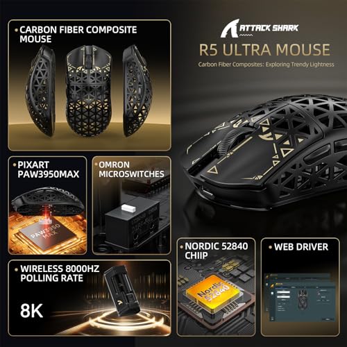 ATTACK SHARK R5 Ultra Carbonfaser Gaming-Maus, 39g Superlight, 8000Hz Kabellose Mouse, 42000 DPI, PAW3950MAX-Sensor, Nordic 52840 MCU, Bluetooth/2.4G/Kabelgebundene, mit Spiralkabel, PC/Mac, Schwarz Bild 2