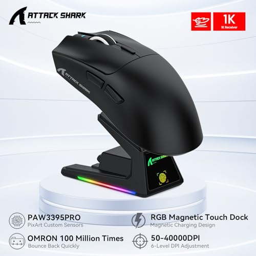 ATTACK SHARK X1 Gaming Mouse with Touchpad RGB Charging Dock, PixArt PAW3395PRO Gaming Sensor, BT/2.4G Wireless/Wired Gaming Mouse, 40000 DPI, 53g Superlight Gamer Mice for Win11/Xbox/PS/Mac (Black) Bild 2