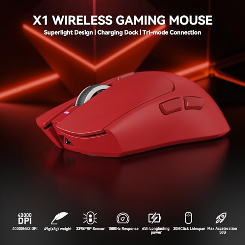 MAMBASNAKE x Attack Shark X1 Gaming-Maus mit Ladestation, 49g Ultralight, 40K DPI PAW3395 PRO-Sensor, 1000Hz Abfragerate, BT/2,4G Wireless/Wired PC Office-Maus mit Grip Tape für Mac/Win11 - Rot Bild 2